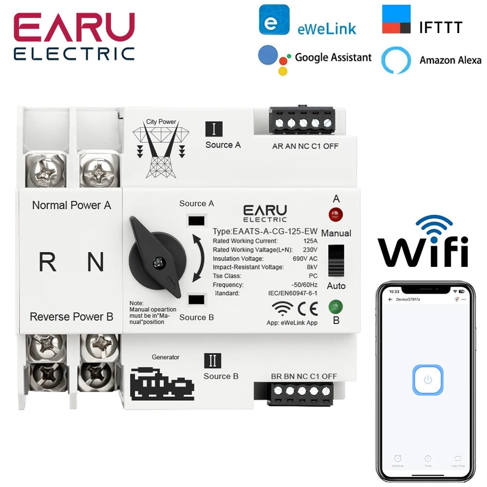 eWeLink WiFi Télécommande Intelligente 2P 125A AC 230V ATS Double Alimentation Commutateur de Transfert Automatique Sélecteur Électrique Ininterrompu