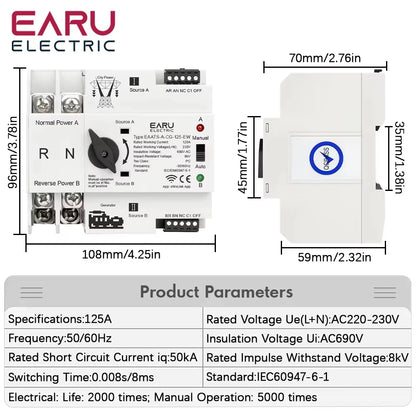 eWeLink WiFi Télécommande Intelligente 2P 125A AC 230V ATS Double Alimentation Commutateur de Transfert Automatique Sélecteur Électrique Ininterrompu