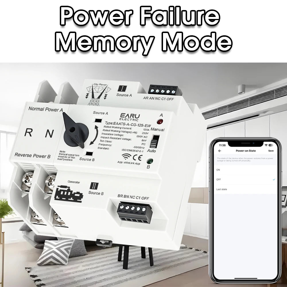 eWeLink WiFi Télécommande Intelligente 2P 125A AC 230V ATS Double Alimentation Commutateur de Transfert Automatique Sélecteur Électrique Ininterrompu