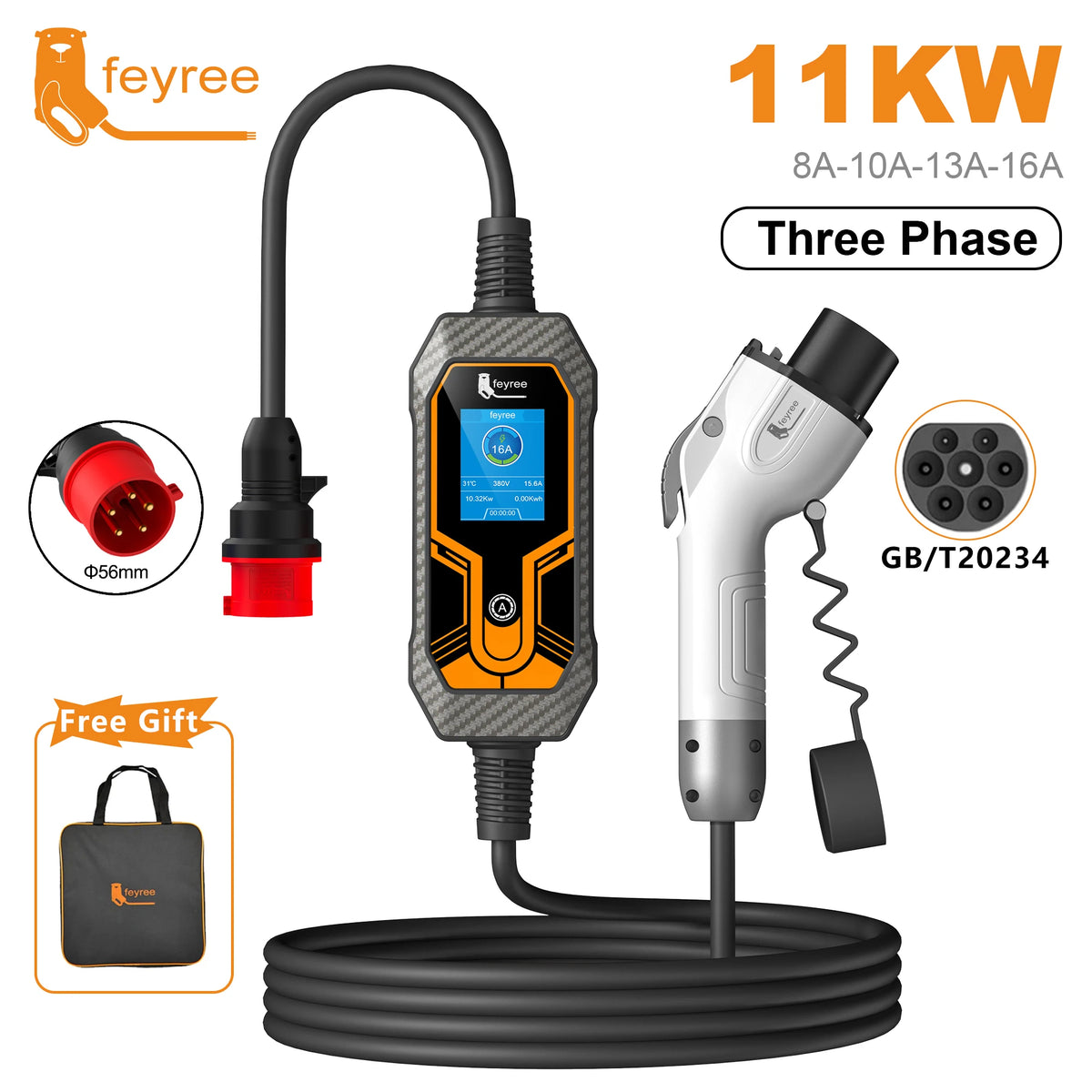feyree 11KW 16A 3 Phase GB/T Cord EV Charger Adapter Portable Charging Box EVSE Car Charger with 5m Cable for Electric Vehicle by 54 Energy - Renewable Energy Store