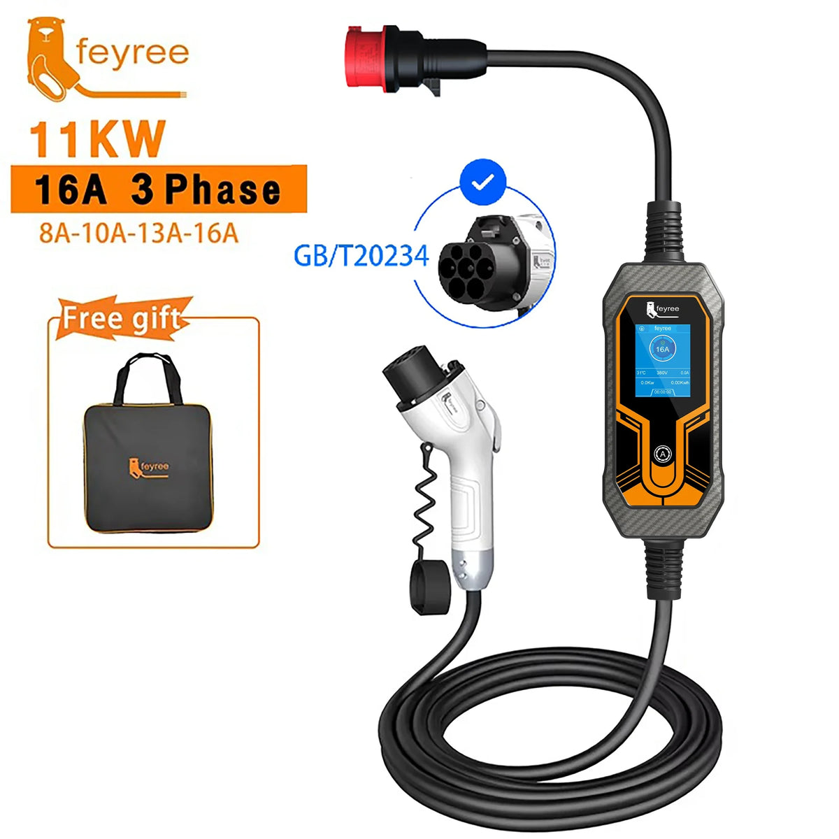 feyree 11KW 16A 3 Phase GB/T Cord EV Charger Adapter Portable Charging Box EVSE Car Charger with 5m Cable for Electric Vehicle by 54 Energy - Renewable Energy Store