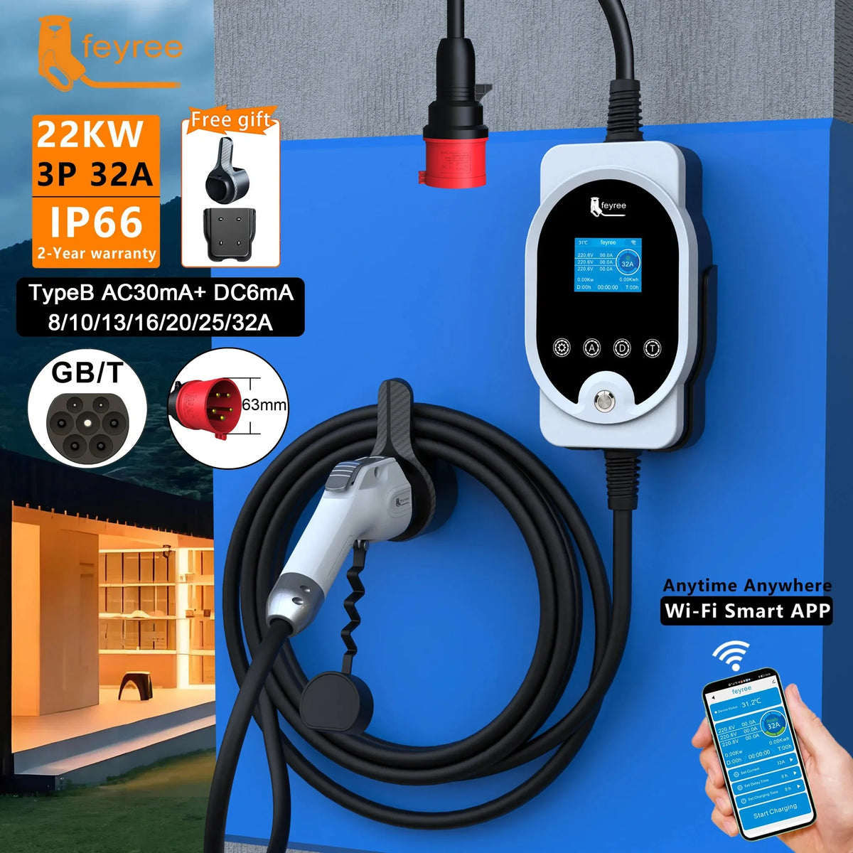 feyree 22KW 32A 3Phase GB/T Portable EV Charger Fast Charger Charging Station Smart Wi-Fi APP Control for Electric Car Charger by 54 Energy - Renewable Energy Store