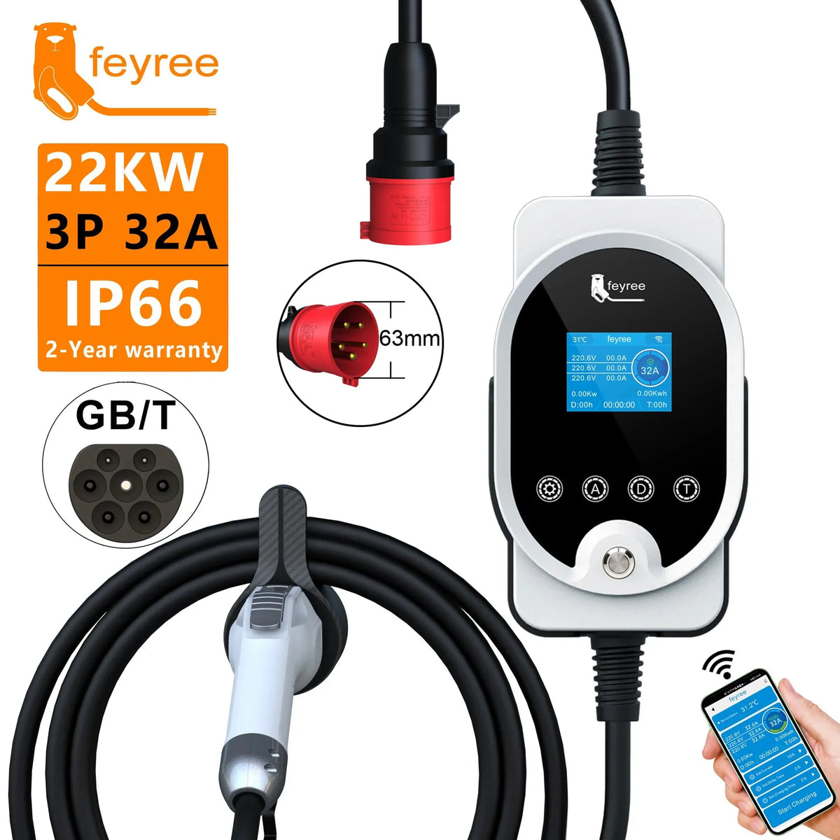 feyree 22KW 32A 3Phase GB/T Portable EV Charger Fast Charger Charging Station Smart Wi-Fi APP Control for Electric Car Charger by 54 Energy - Renewable Energy Store