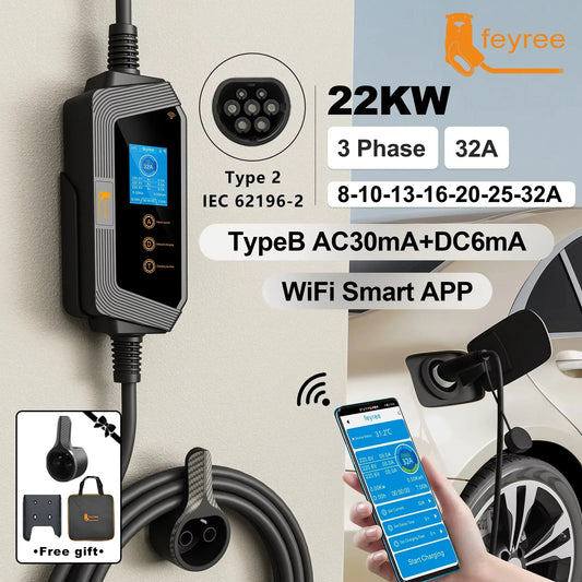 feyree 22KW 32A 3Phase Type2 EV Charger Wi-Fi APP Control EVSE Portable Charging Box Charging Station for Electric Car Charger by 54 Energy - Renewable Energy Store