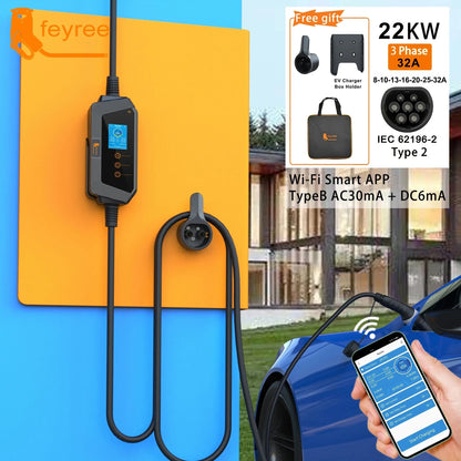 feyree 22KW 32A 3Phase Type2 Portable EV Charger Wi-Fi APP Control EVSE Charging Box Charging Station for Electric Car Charger by 54 Energy - Renewable Energy Store