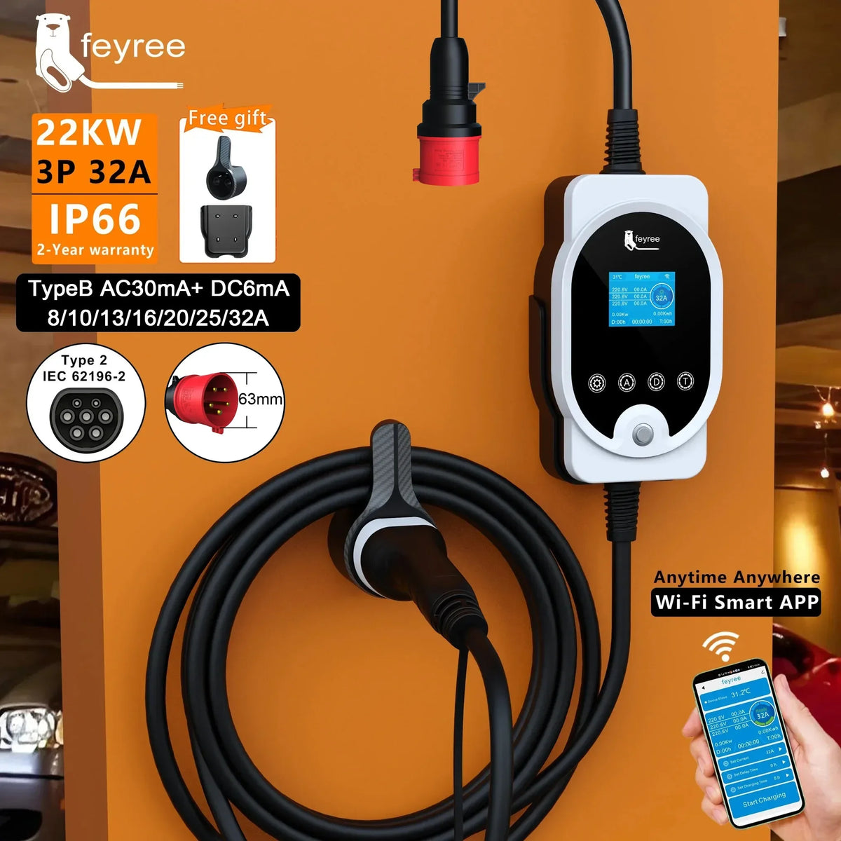 feyree 22KW Type2 Cable EVSE Wallbox & Portable EV Charger 32A 3Phase Wi-Fi APP Smart Fast Charging Station for Electric Vehicle by 54 Energy - Renewable Energy Store