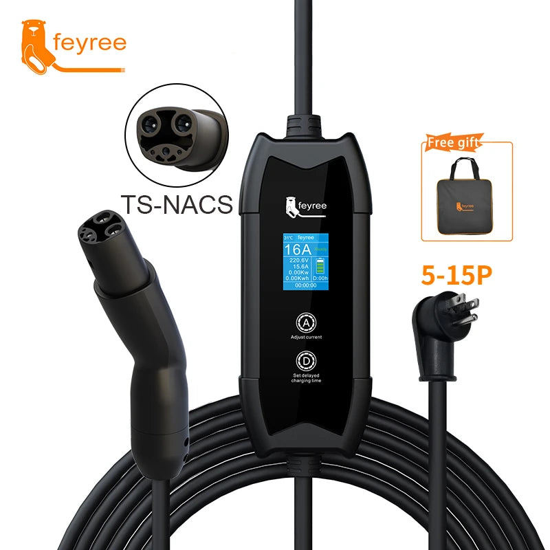 feyree 3.5KW TS-NACS Charger Plug EV Charger Portable 1.8" LCD Screen with Set Delay Schedule Charging Station for Tesla Cars by 54 Energy - Renewable Energy Store