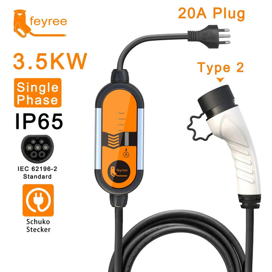 feyree 32A 7KW Type2 EV Portable Charger 3.5KW 16A 1Phase EVSE Charging Box 11KW 16A 3Phase Car Charger for Electric Vehicle by 54 Energy - Renewable Energy Store
