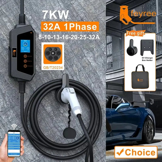 feyree 7KW 32A Adjustable EV Charger GBT Socket APP Bluetooth Version Set Charging Time EVSE Charging Box for Electric Vehicle by 54 Energy - Renewable Energy Store
