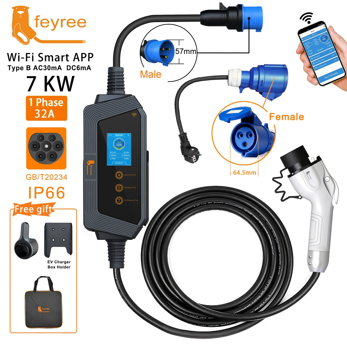 feyree 7KW 32A Adjustable EV Charger GBT Socket APP Bluetooth Version Set Charging Time EVSE Charging Box for Electric Vehicle by 54 Energy - Renewable Energy Store