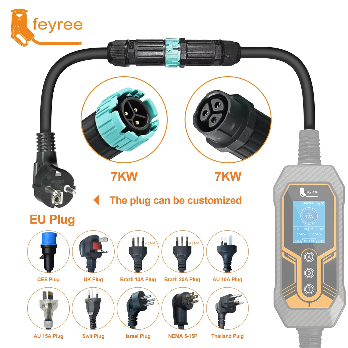 feyree 7kw Electric Vehicle Charging Adapter To EU AU Brazil Male Adapter EV Charger Connector Customized plug for Electric Car by 54 Energy - Renewable Energy Store