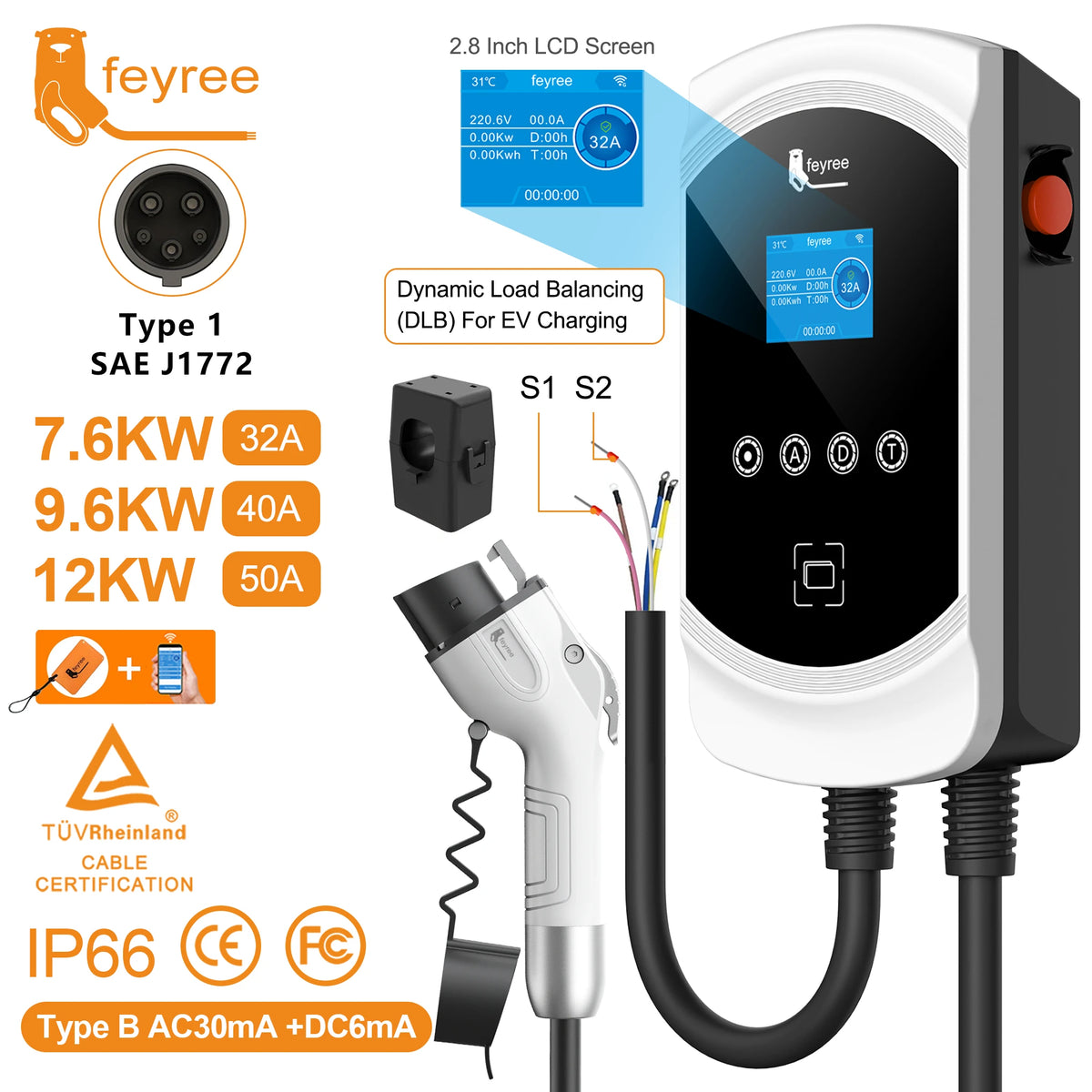 feyree DLB Function EV Charger Type1 EVSE Wallbox 32A 7.6KW 40A 9.6KW 50A 12KW 1P j1772 Adapter APP Control for Electric Vehicle by 54 Energy - Renewable Energy Store