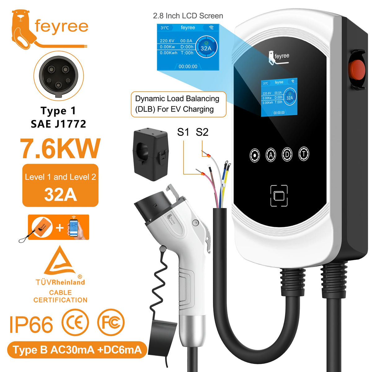 feyree DLB Function EV Charger Type1 EVSE Wallbox 32A 7.6KW 40A 9.6KW 50A 12KW 1P j1772 Adapter APP Control for Electric Vehicle by 54 Energy - Renewable Energy Store