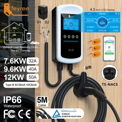 feyree Dynamic Load Blancing EV Charging Station 32A 7KW TS-NACS Charger Plug Car Charger EVSE Wallbox 9.6KW 12KW APP Control by 54 Energy - Renewable Energy Store