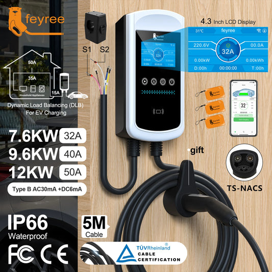feyree Dynamic Load Blancing EV Charging Station 32A 7KW TS-NACS Charger Plug Car Charger EVSE Wallbox 9.6KW 12KW APP Control by 54 Energy - Renewable Energy Store