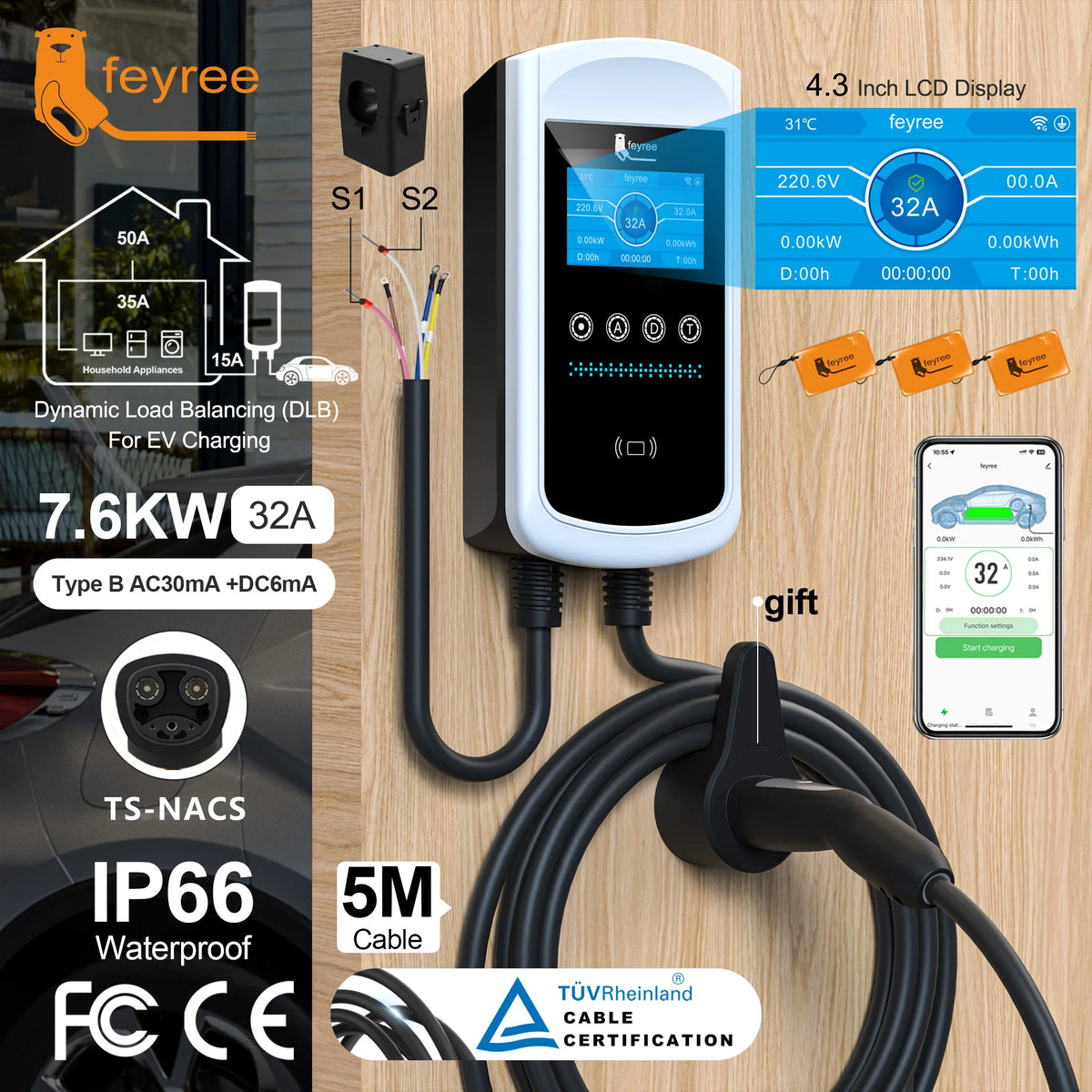 feyree Dynamic Load Blancing EV Charging Station 32A 7KW TS-NACS Charger Plug Car Charger EVSE Wallbox 9.6KW 12KW APP Control by 54 Energy - Renewable Energy Store