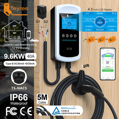 feyree Dynamic Load Blancing EV Charging Station 32A 7KW TS-NACS Charger Plug Car Charger EVSE Wallbox 9.6KW 12KW APP Control by 54 Energy - Renewable Energy Store