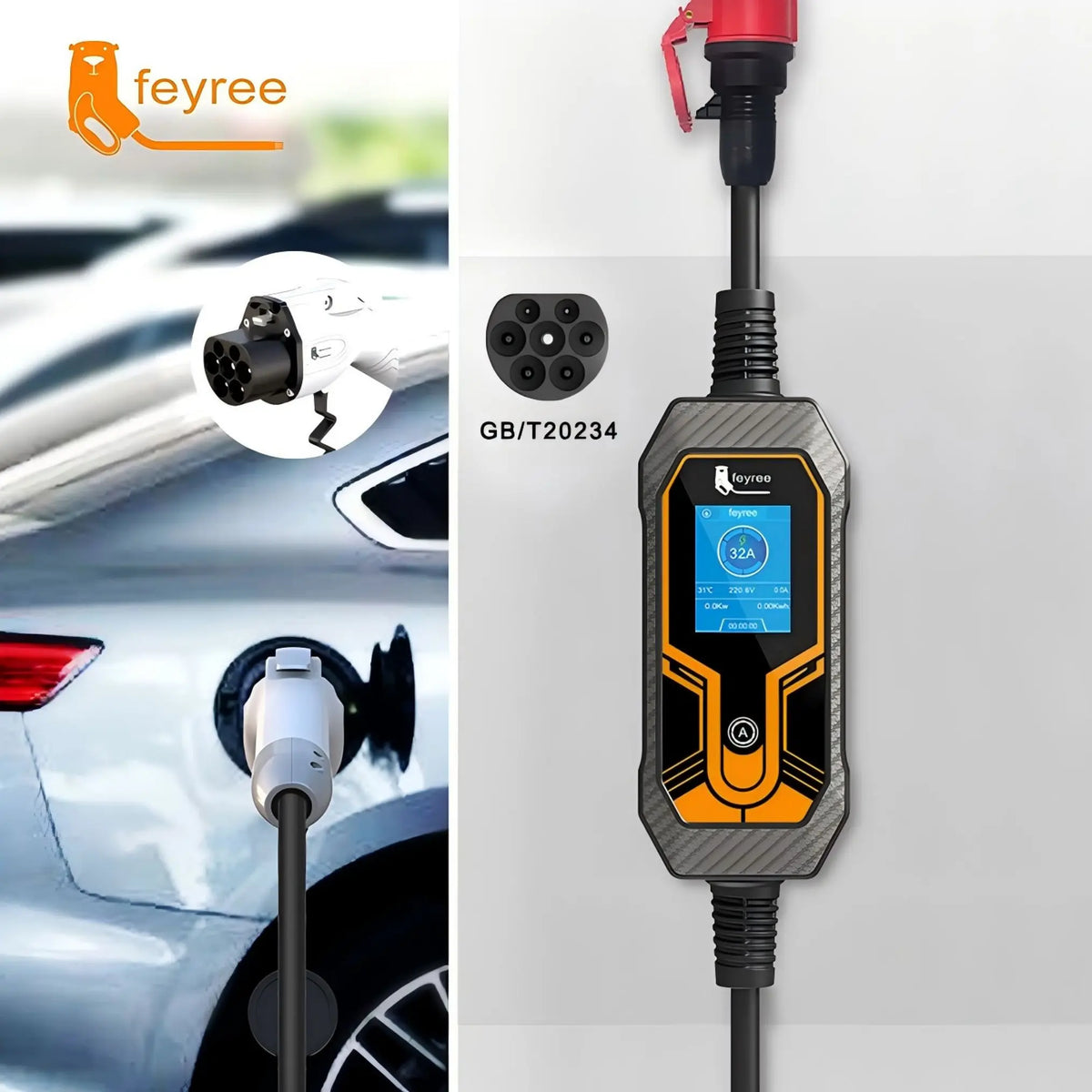 feyree EV Charger GB/T Cord 16A 3.5KW 1Phase Portable Charger Box 32A 7KW Current Adjustable 11KW 16A 3 Phase for Electric Car by 54 Energy - Renewable Energy Store