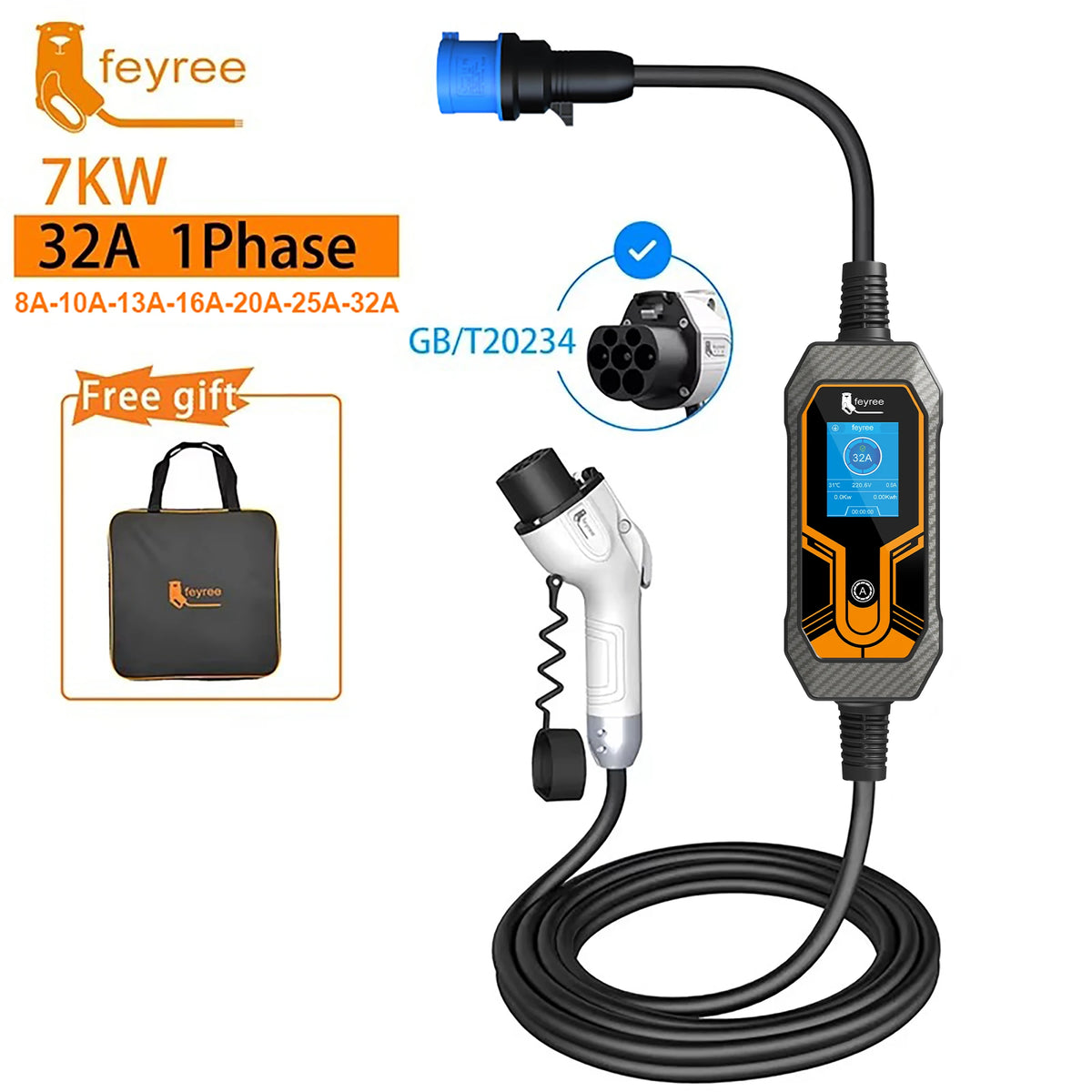 feyree EV Charger GB/T Cord 16A 3.5KW 1Phase Portable Charger Box 32A 7KW Current Adjustable 11KW 16A 3 Phase for Electric Car by 54 Energy - Renewable Energy Store