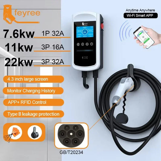 feyree EV Charger GB/T Socket 7.6kw 32A Wallbox 4.3 inch Big Screen APP Charge History Record 11kw 22kw 3 Phase Charging Station by 54 Energy - Renewable Energy Store