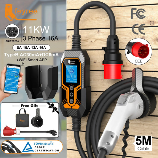 feyree EV Charger Portable Newly upgraded with wall holder GB/T 16A11KW 3 Phase Wifi APP control EVSE Charging Box with adapter by 54 Energy - Renewable Energy Store