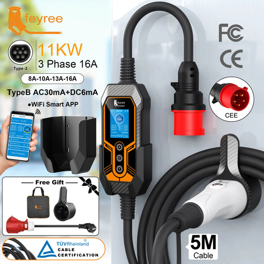 feyree EV Charger Portable Newly upgraded with wall holder Type2 16A11KW 3 Phase Wifi APP control EVSE Charging Box with adapter by 54 Energy - Renewable Energy Store