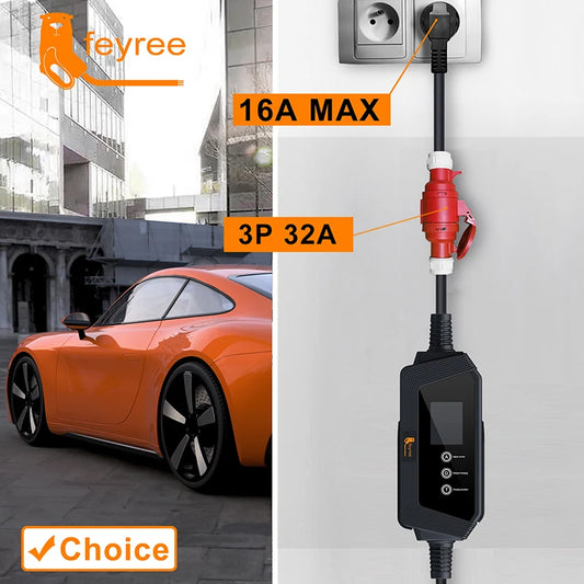 feyree EV Charger Schuko Plug to CEE Red Power Female Plug 5 Pins Socket Adapter Connect with 32A 3 Phase 22KW Portable Charger by 54 Energy - Renewable Energy Store