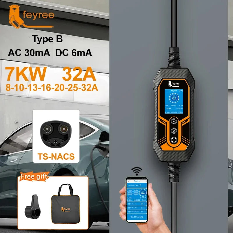 feyree EV Charger TS-NACS Socket 32A 7KW 1Phase APP Control EVSE Wallbox Portable Charging Box for Tesla Cars Models 3/Y/S/X by 54 Energy - Renewable Energy Store