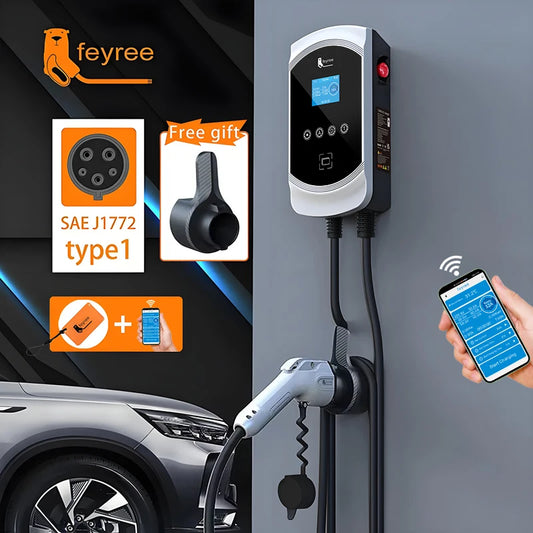 feyree EV Charger Type1 Cable j1772 Socket 32A 40A 50A Single Phase EVSE Wallbox Charging Station APP Control for Electric Car by 54 Energy - Renewable Energy Store