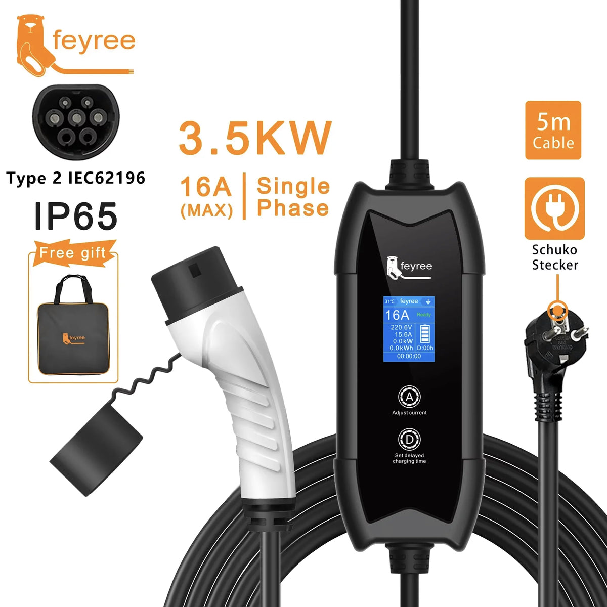 feyree EV Charger Type2 3.5KW 16A Portable Charging Box Set Current and Set Delay Time 5M Cable for Electric Vehicle Car Charger by 54 Energy - Renewable Energy Store