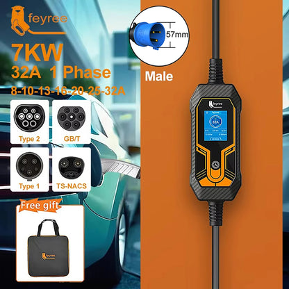 feyree EV Charger Type2 7KW 32A EVSE Portable Charging Box CEE Male Plug Type1 GB/T Cord 5M Charging Cable for Electric Vehicle by 54 Energy - Renewable Energy Store