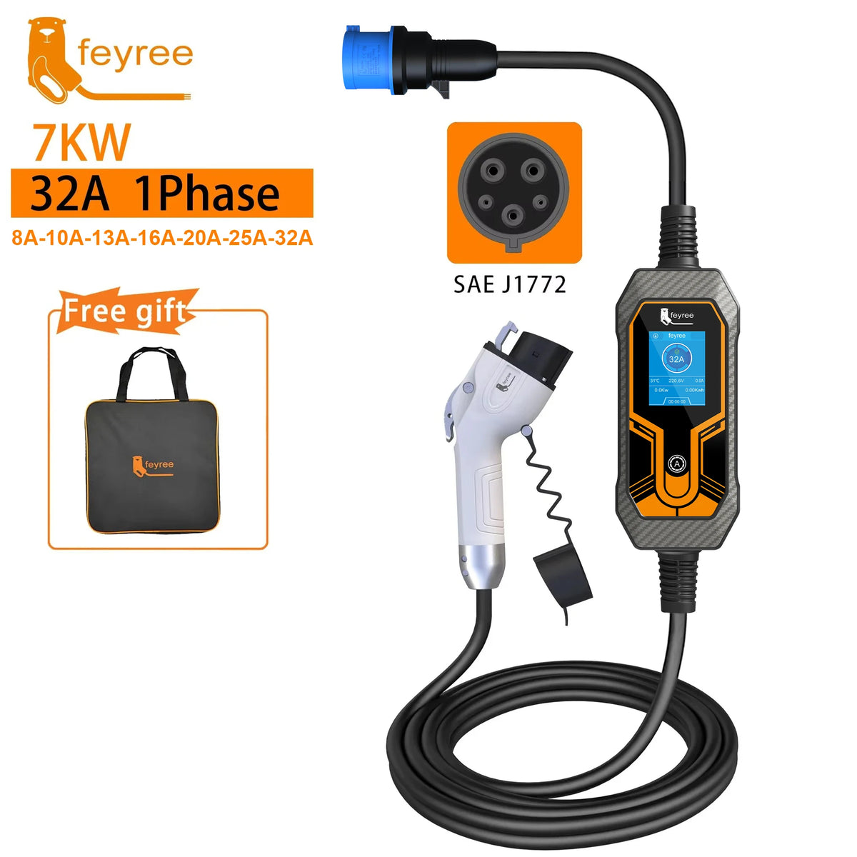 feyree EV Charger Type2 7KW 32A EVSE Portable Charging Box CEE Male Plug Type1 GB/T Cord 5M Charging Cable for Electric Vehicle by 54 Energy - Renewable Energy Store