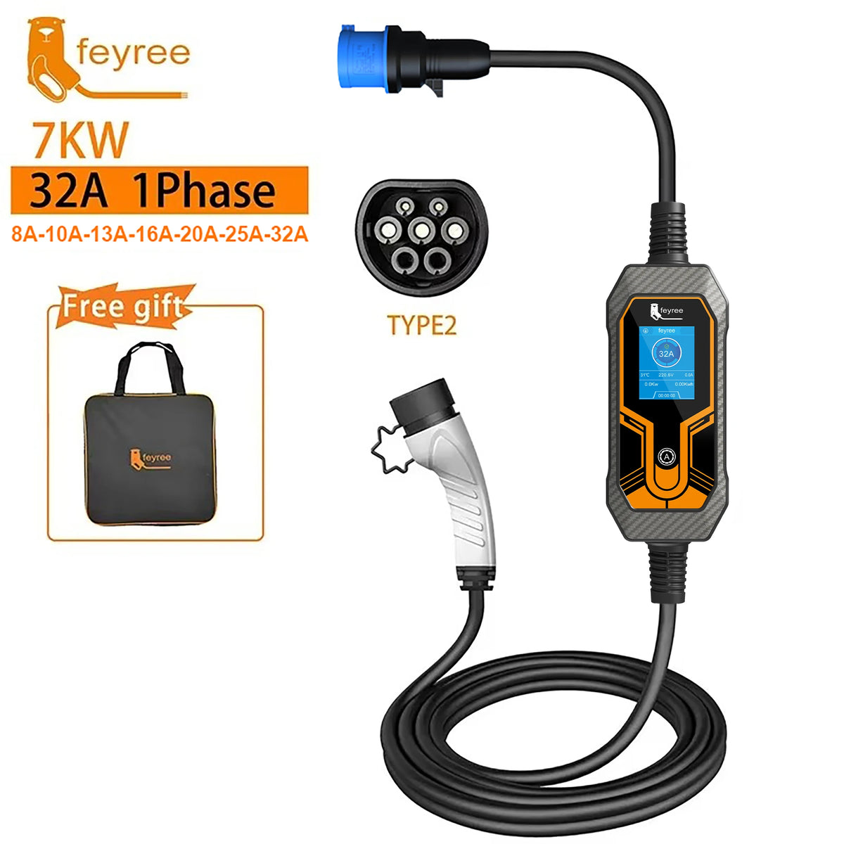 feyree EV Charger Type2 7KW 32A EVSE Portable Charging Box CEE Male Plug Type1 GB/T Cord 5M Charging Cable for Electric Vehicle by 54 Energy - Renewable Energy Store