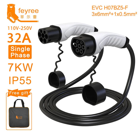 feyree EV Charger Type2 Cable Female Car Side to Type2 Male Plug 16A 3.5KW 32A 7KW 1Phase 11KW 22KW 3 Phase for Electric Car by 54 Energy - Renewable Energy Store