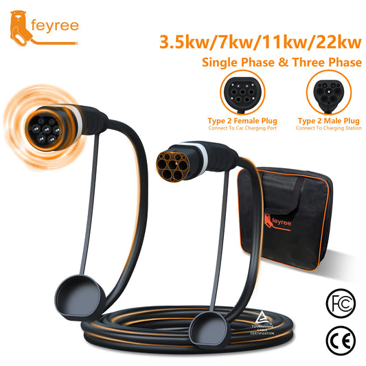 feyree EV Charger Type2 to Type2 Charging Cable 32A 7KW 1Phase 16A 3.5KW 11KW 22KW 3Phase Charger Station for Electric Vehicle by 54 Energy - Renewable Energy Store