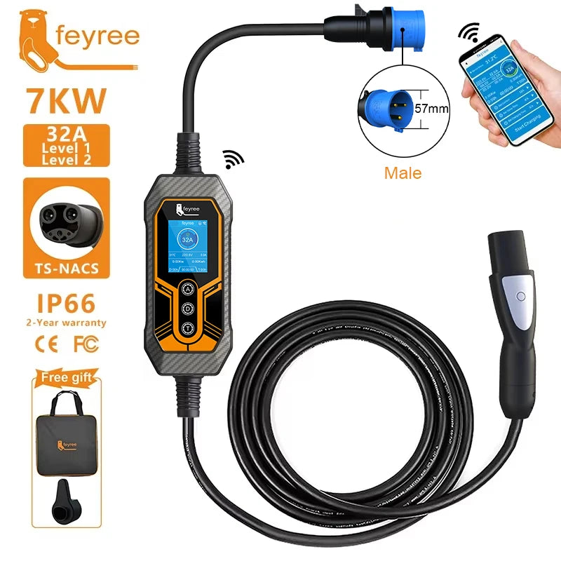 feyree EV Charger Wallbox TS-NACS Socket 32A 7KW 1Phase APP Control EVSE Portable Charging Box for Tesla Cars Models 3/Y/S/X by 54 Energy - Renewable Energy Store