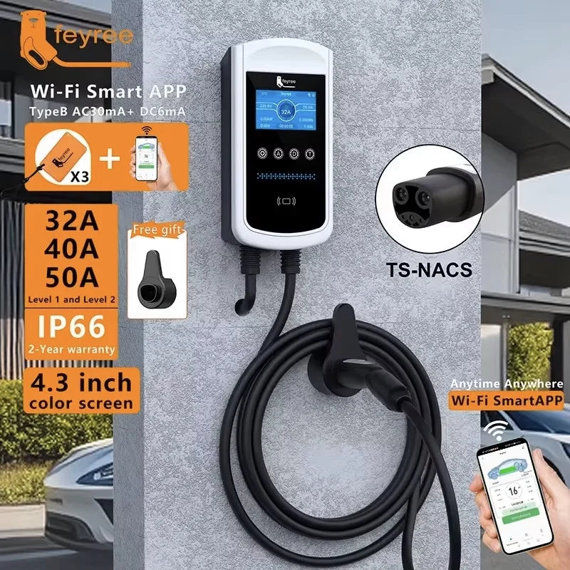 feyree EV Charging Station 32A 7KW TS-NACS Charger Plug for Tesla Car Charger EVSE Wallbox 9.6KW 12KW Fast Charging APP Control by 54 Energy - Renewable Energy Store