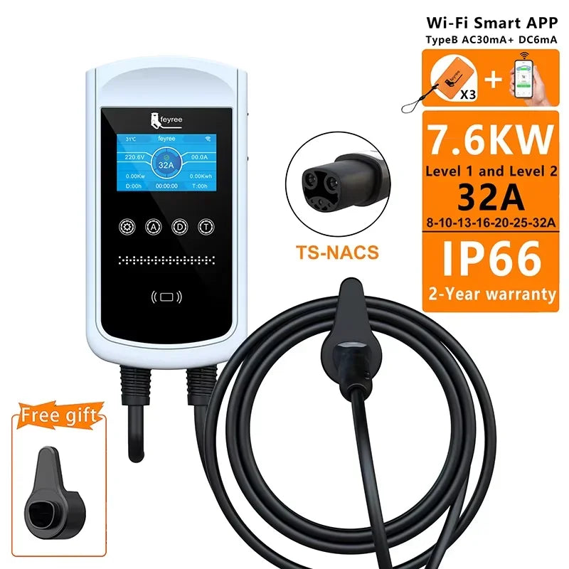 feyree EV Charging Station 32A 7KW TS-NACS Charger Plug for Tesla Car Charger EVSE Wallbox 9.6KW 12KW Fast Charging APP Control by 54 Energy - Renewable Energy Store
