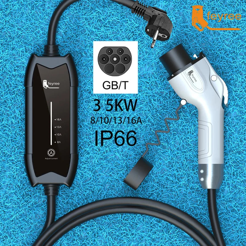 feyree EV Portable Charger Type2 / GB/T Plug 16A Single Phase 3.5KW Type1 3.5m Wallbox Charging Station for Electric Vehicle by 54 Energy - Renewable Energy Store