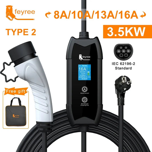 feyree EV Portable Charger Type2 / GB/T Plug Connector 16A 1Phase 3.5KW Type1 3.5m Wallbox Charging Station for Electric Vehicle by 54 Energy - Renewable Energy Store