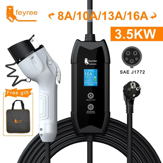 feyree EV Portable Charger Type2 / GB/T Plug Connector 16A 1Phase 3.5KW Type1 3.5m Wallbox Charging Station for Electric Vehicle by 54 Energy - Renewable Energy Store
