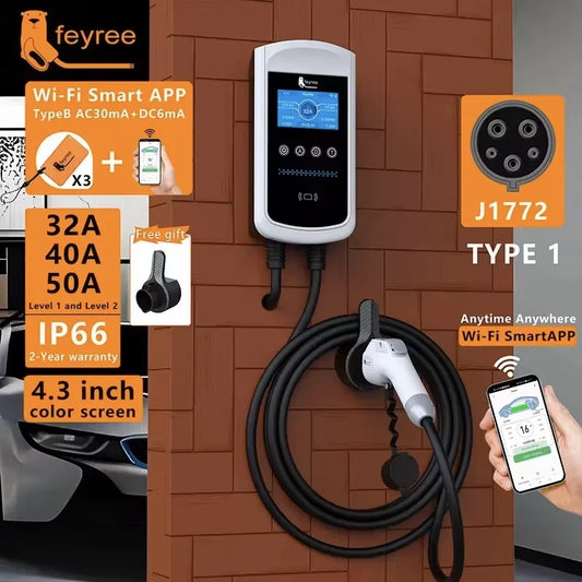 feyree EVSE Wallbox 32A 40A 50A 1Phase EV Charger Type1 Smart APP Control Wall-mounted Charging Station for Electric Vehicle Car by 54 Energy - Renewable Energy Store