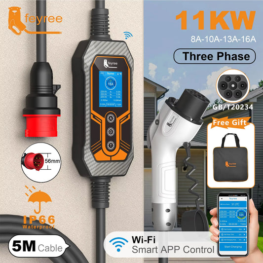 feyree GB/T 11KW 16A 3Phase Portable EV Charger Smart APP WIFI Version 5m Cable Gift Bag for Electric Vehicle Charging Station by 54 Energy - Renewable Energy Store