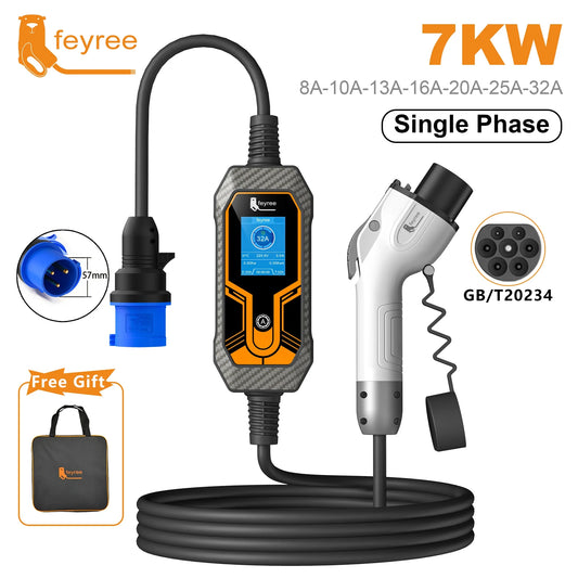 feyree GB/T Cord 7KW 32A 1Phase EV Charger 5m Charging Cable Portable Charging Box Current Adjustable for Electric Vehicle Car by 54 Energy - Renewable Energy Store