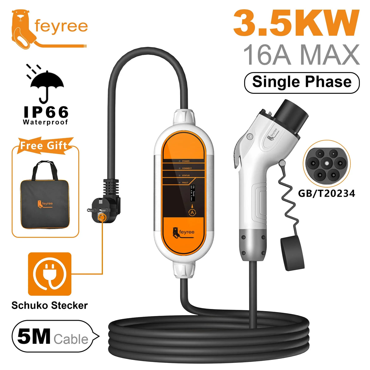 feyree GB/T Cord EV Charger 16A 3.5KW 1Phase Portable Charger Box Current Adjustable 5M Charging Cable for Electric Vehicle by 54 Energy - Renewable Energy Store