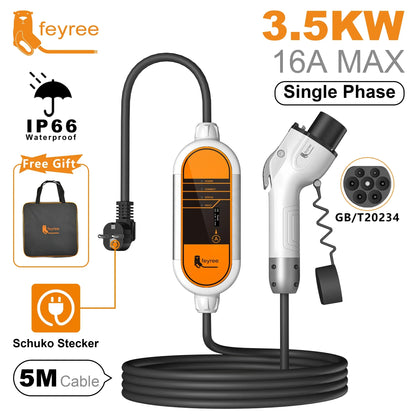 feyree GB/T Cord EV Charger 16A 3.5KW 1Phase Portable Charger Box Current Adjustable 5M Charging Cable for Electric Vehicle by 54 Energy - Renewable Energy Store