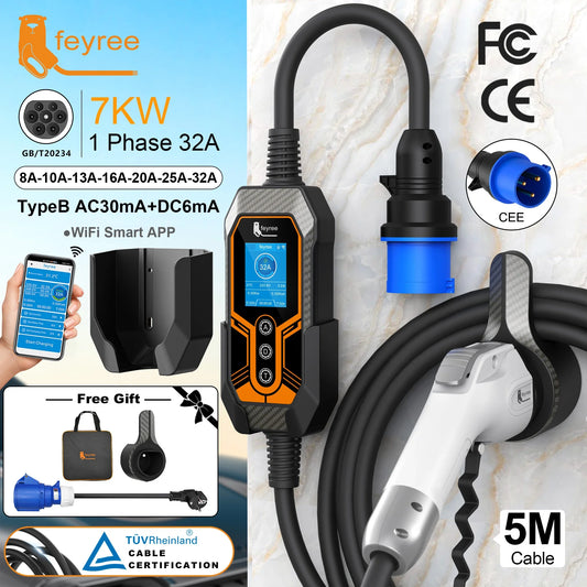 feyree GB/T EV Charger Portable Upgraded Version with Wall Mount 7KW 32A 1 Phase EVSE Charging Box GB/T Plug Wifi APP version by 54 Energy - Renewable Energy Store
