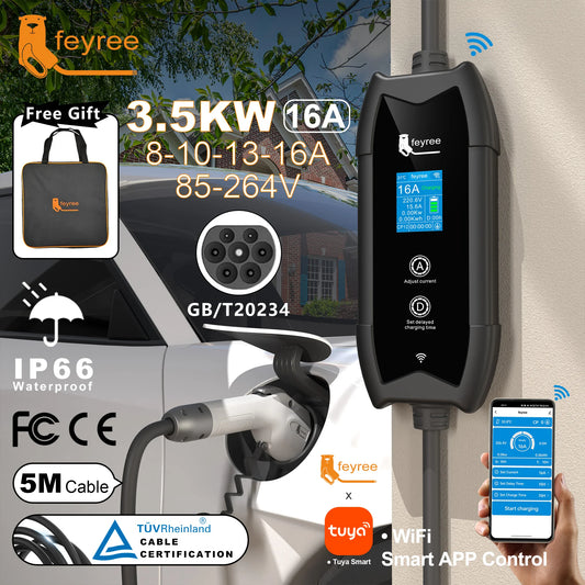 feyree GB/T Portable EV Charger 5m Cable with WIFI APP Control 16A 3.5KW Set Charging&DelayTime for EV Cars,Plug customizable by 54 Energy - Renewable Energy Store