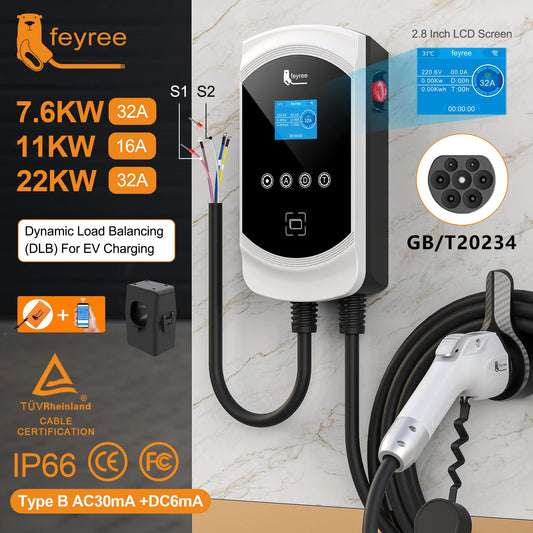 feyree GB/T Socket 32A 7KW 1P EV Charger 16A 11KW 3P 22KW APP Control DLB Charging Station for Electric Vehicle EVSE Wallbox by 54 Energy - Renewable Energy Store