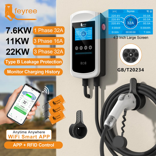 feyree GB/T Socket EV Charger 7.6kw 32A Wallbox 4.3 inch Big Screen APP Charge History Record 11kw 22kw 3 Phase Charging Station by 54 Energy - Renewable Energy Store